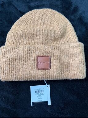 Coach Unisex Ribbed Knit Beanie with Leather Patch - Camel